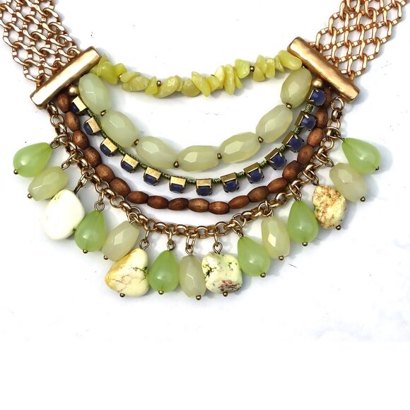 Chico's Women's Gold Link Chain Necklace with Green Gemstones and Wooden Beads - Picture 3 of 3